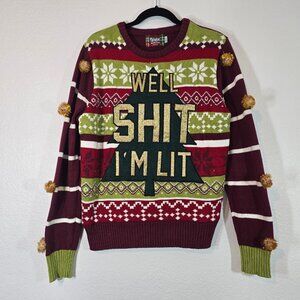 Spencers Workshop Ugly Christmas Sweater Women Medium Sh*t I'm Lit Pom Pom Party